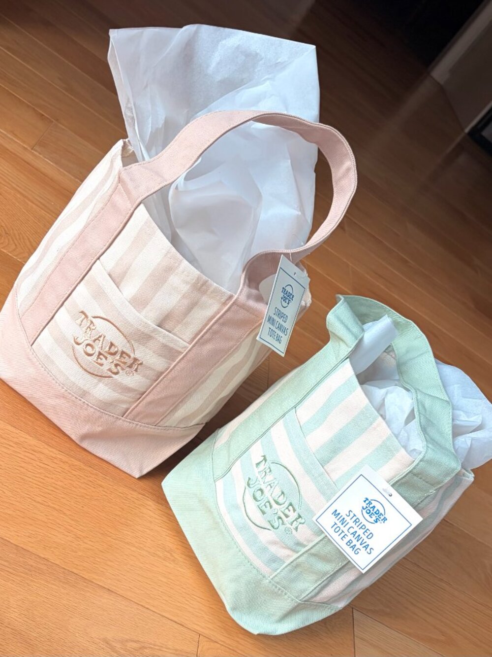 NWT Trader Joe's Mini Canvas Striped Tote Bag Sage Mint Green Cream